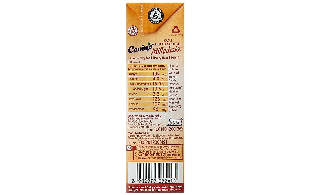 Cavin's Kaju Butterscotch Milkshake   Tetra Pack  180 millilitre